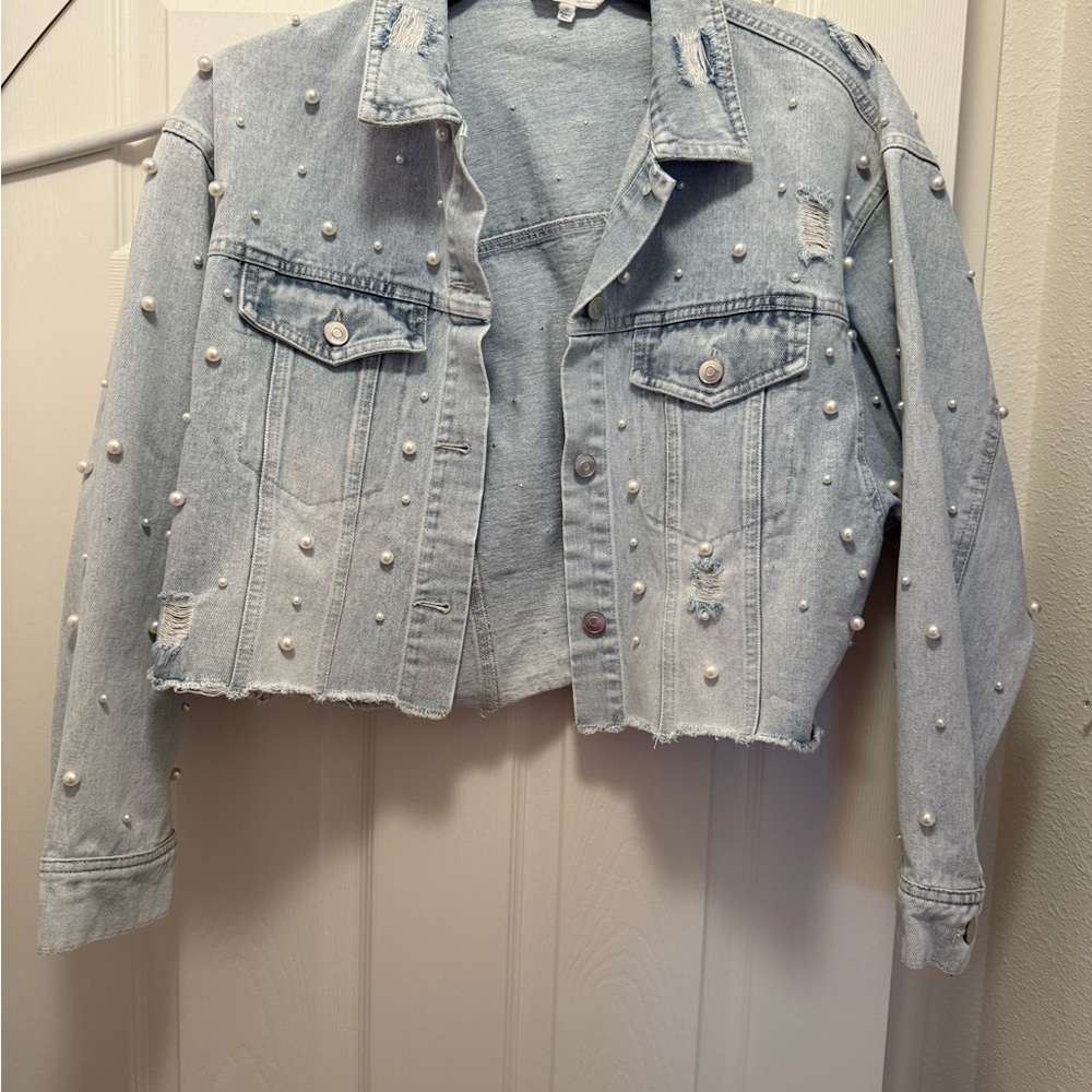 Peach Love California Blue Cropped Jean Jacket with Pearl Embellishments
